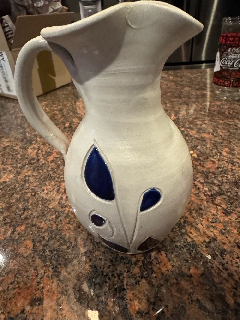 Handmade Ceramic Pitcher with Deep Blue Leaf Motif